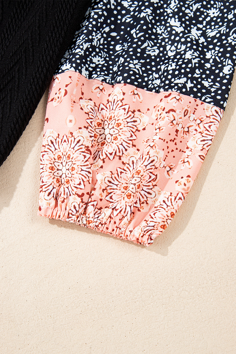 Floral Patchwork Textured Knit Drawstring V-Neck Blouse