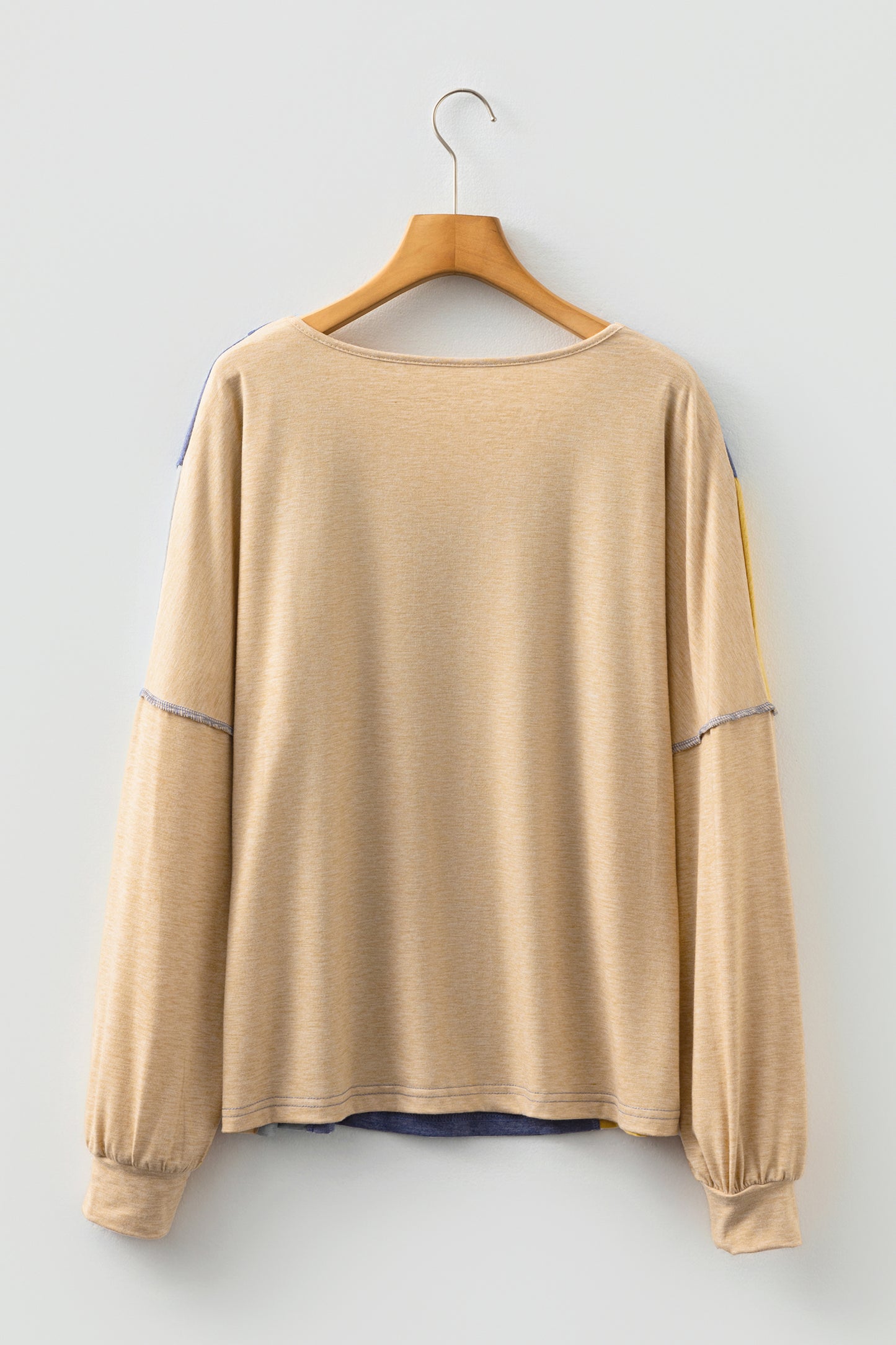 Exposed Stitching Colorblock V-Neck Top in Blue & Tan