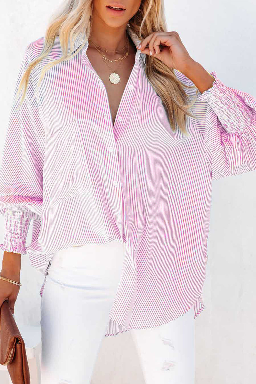 Smocked Cuff Striped Boyfriend Shirt.  S-2x
