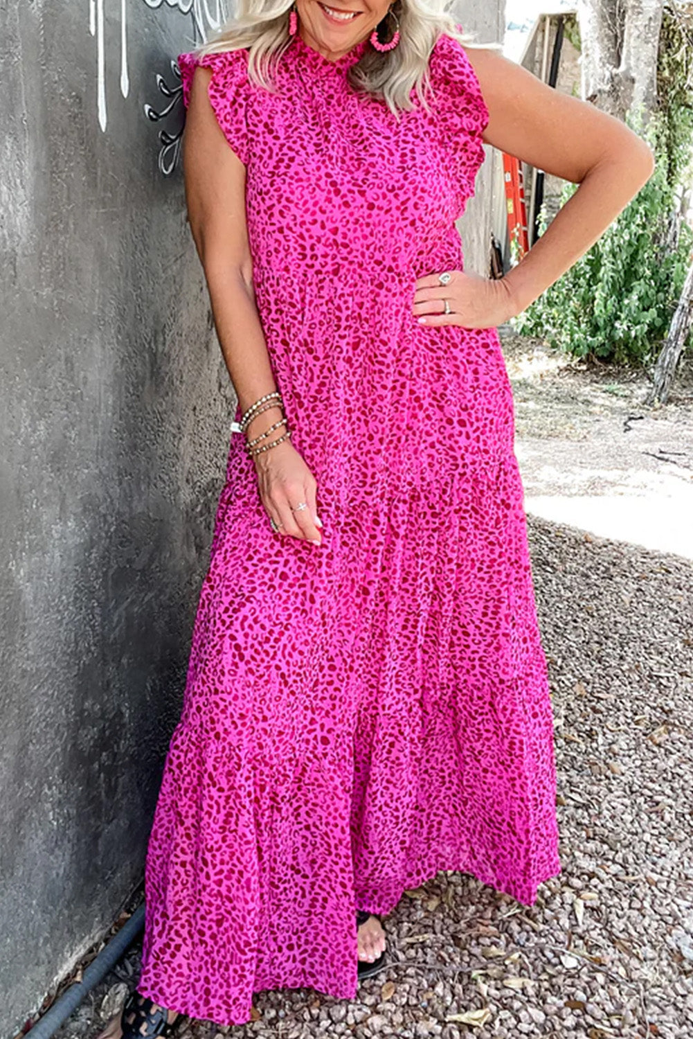 Rose Red Leopard Print Ruffled Trim Flutter Sleeve Frilled Neck Tiered Maxi Dress