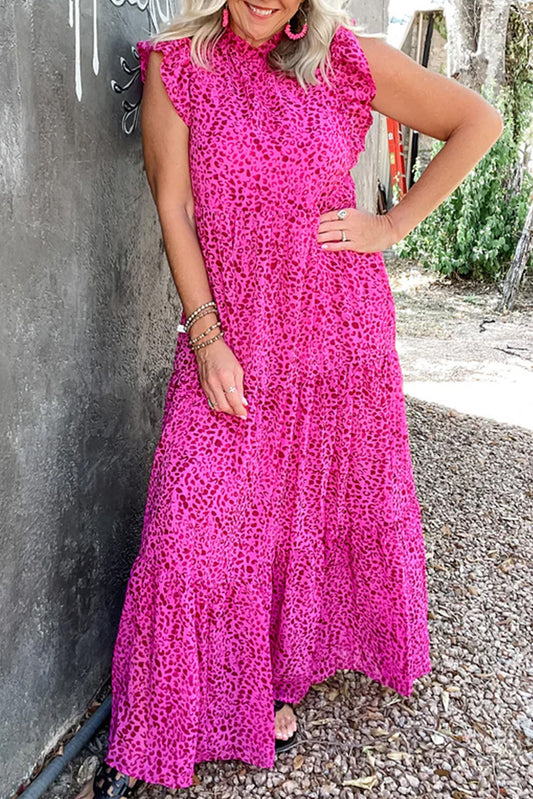 Rose Red Leopard Print Ruffled Trim Flutter Sleeve Frilled Neck Tiered Maxi Dress