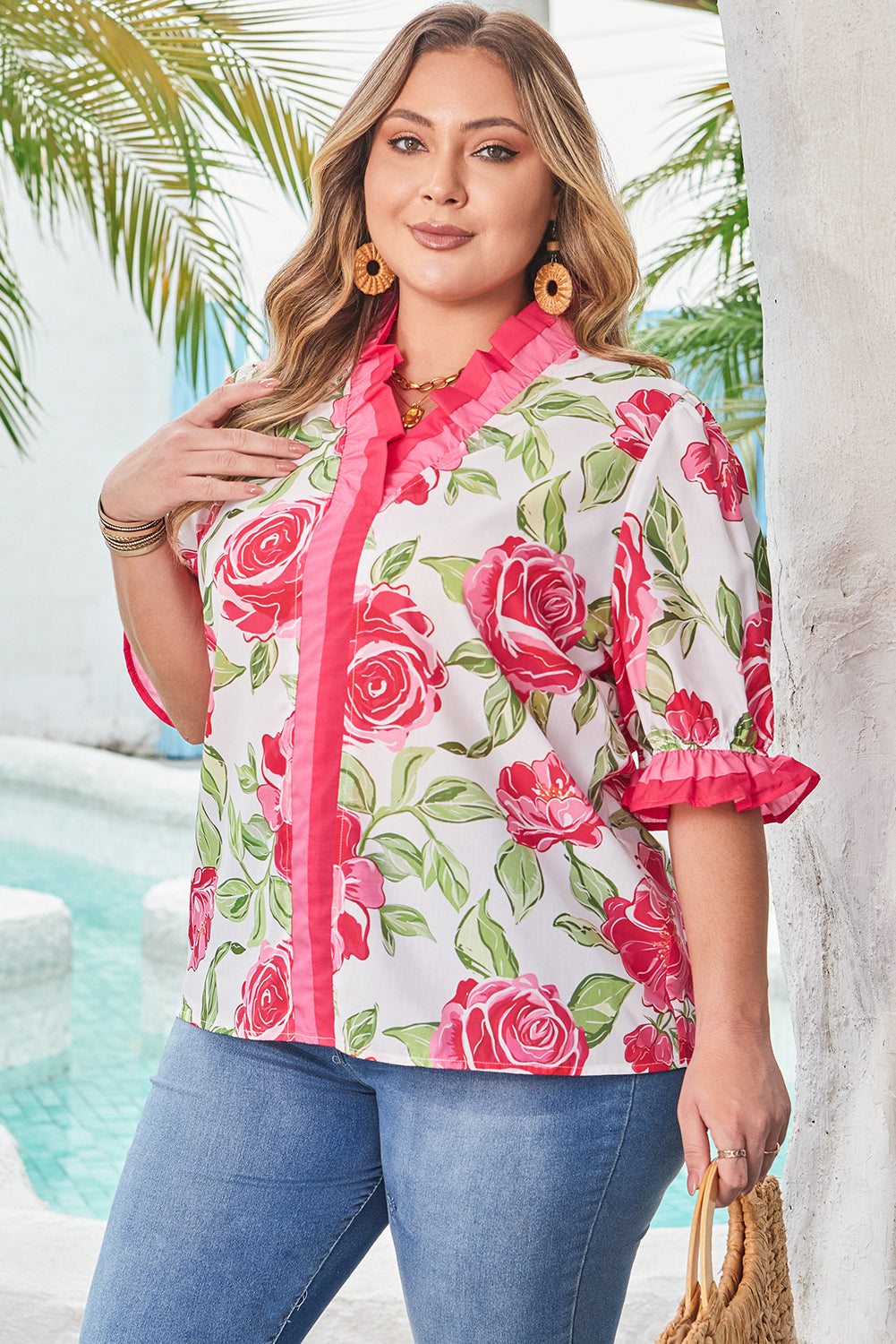 Plus Size Pink Floral Ruffle Blouse Women 1X–4X