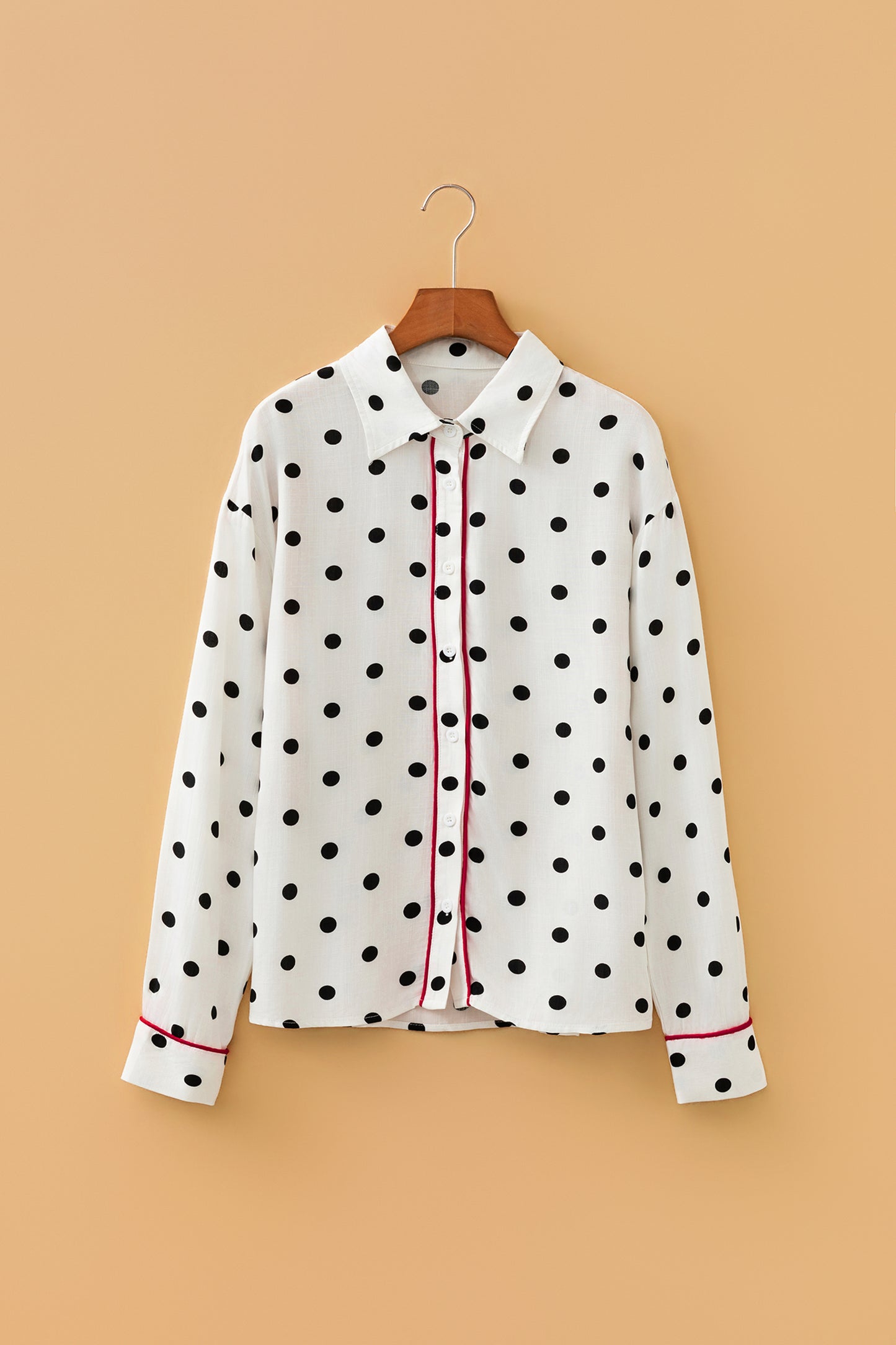Polka Dot Contrast Piping 3/4 Sleeve Viscose Shirt
