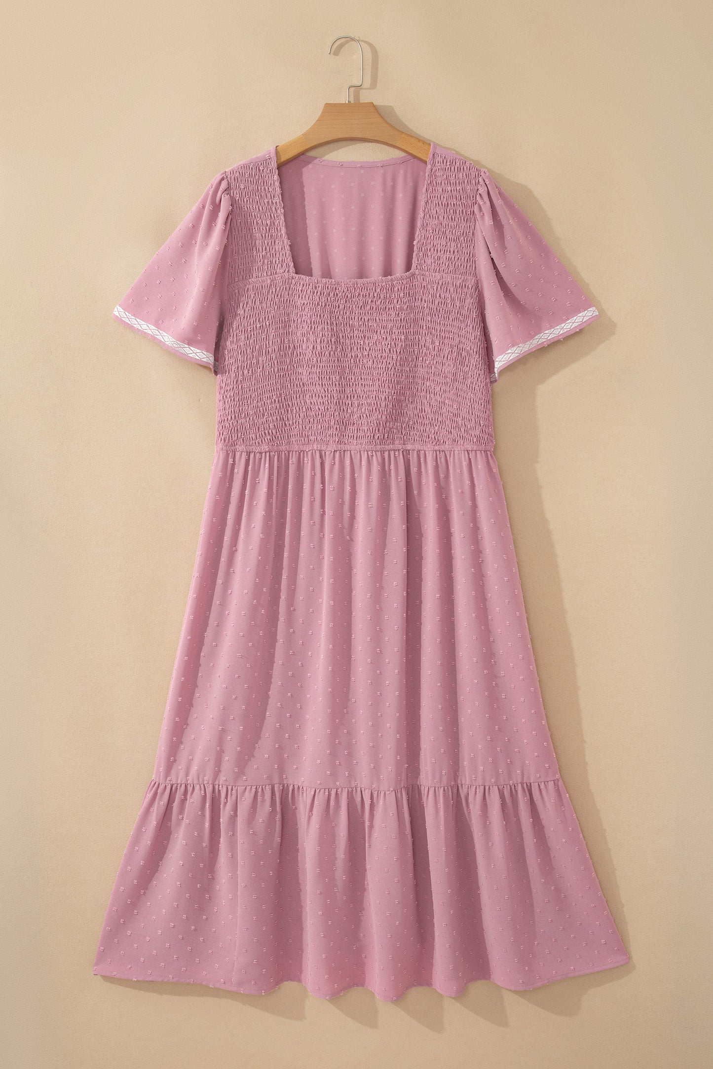 Plus Size Swiss Dot Smocked High Waist Flowy Midi Dress Pink 1X–4X