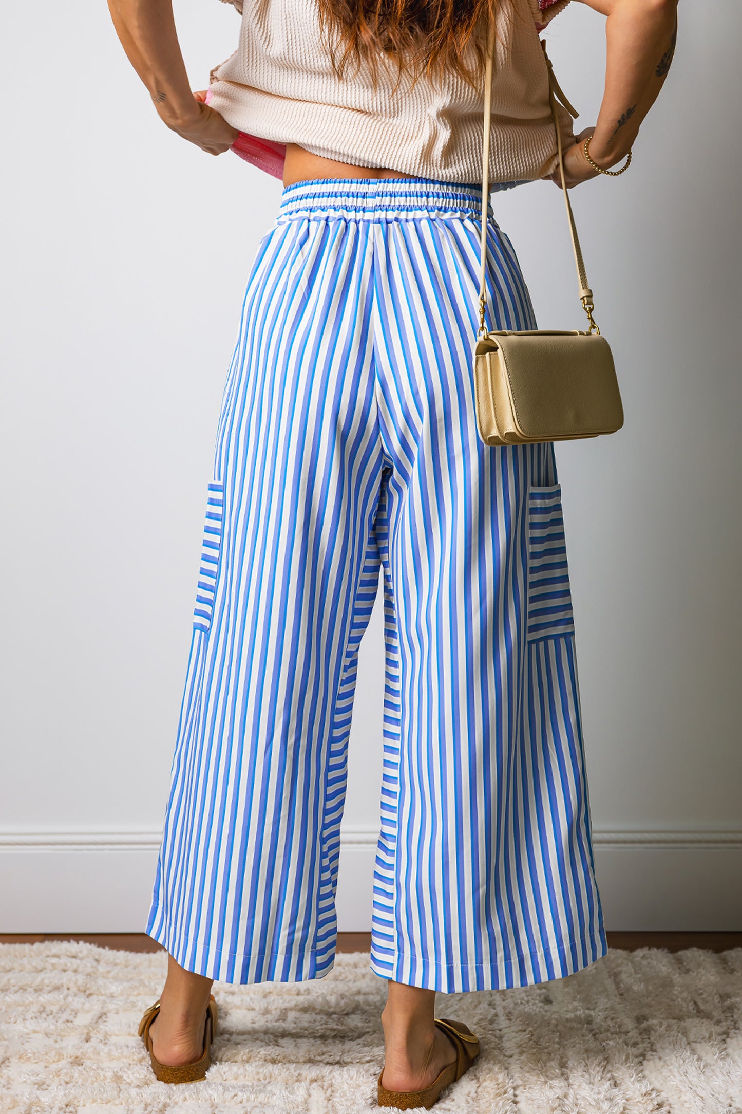 Light Blue Stripe Wide Leg Ankle Pants Women S–XL