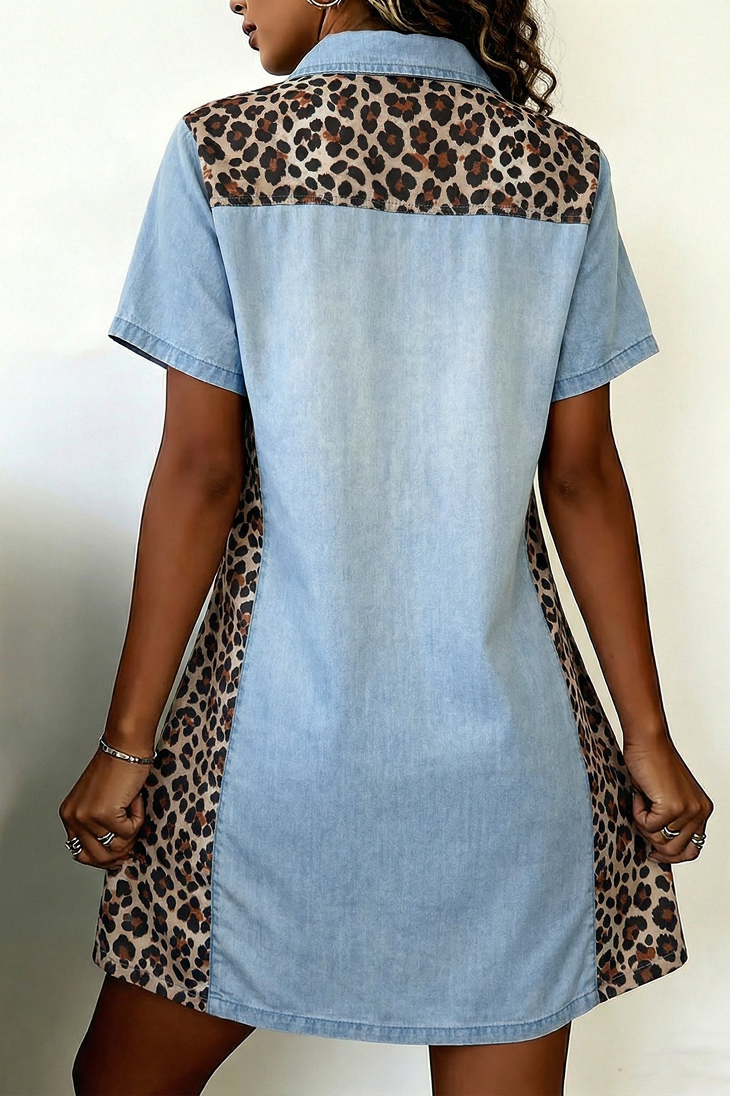 Denim Leopard Patchwork Collared Mini Dress Women S–XL