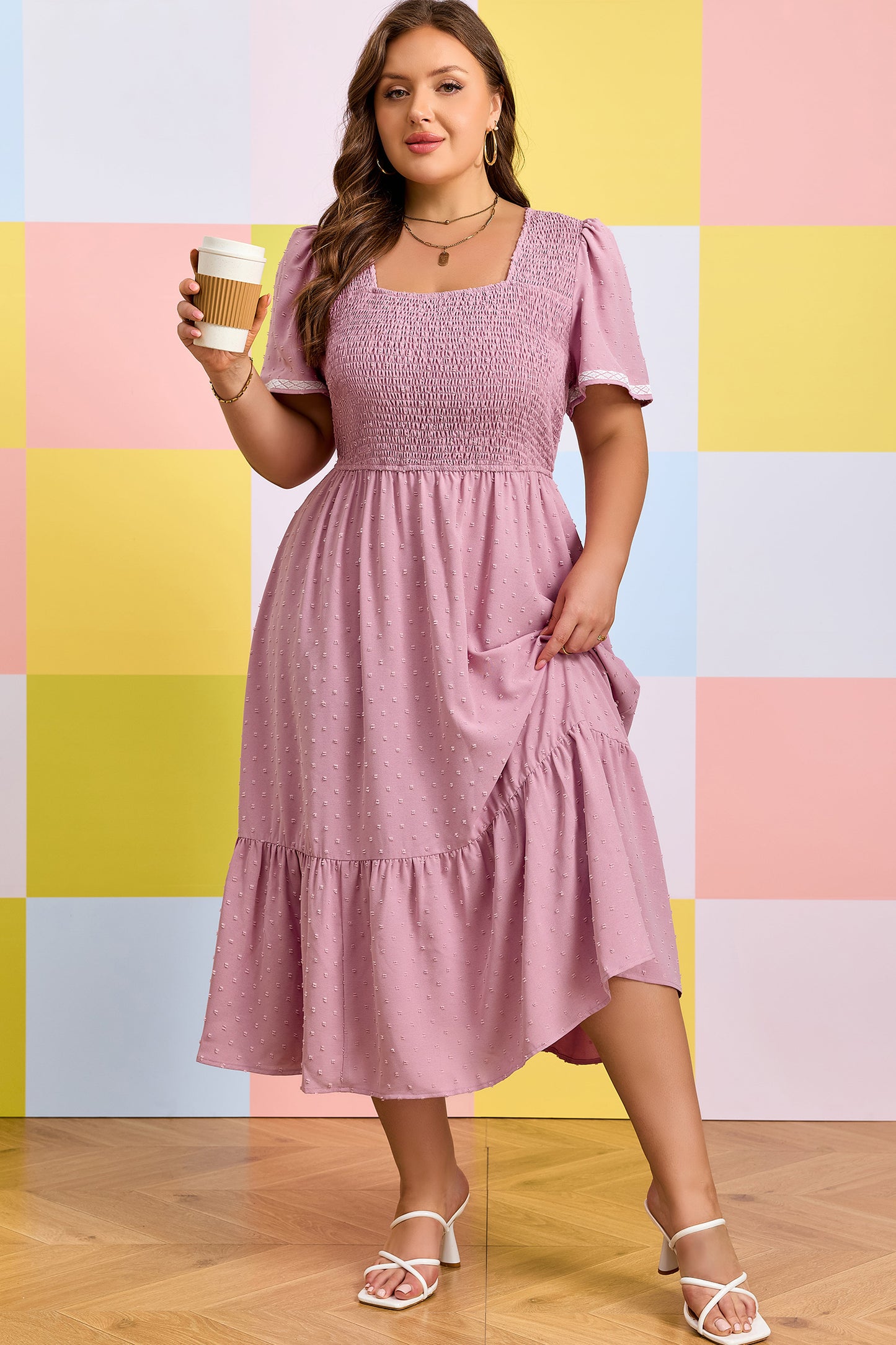 Plus Size Swiss Dot Smocked High Waist Flowy Midi Dress Pink 1X–4X