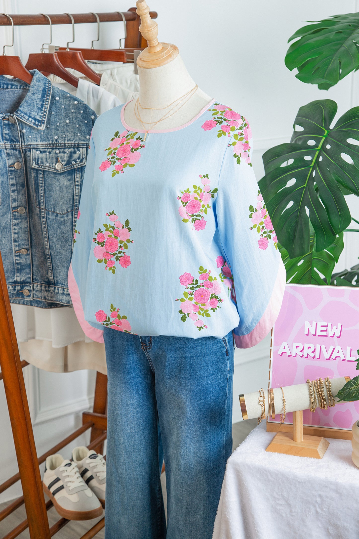 Floral Print 3/4 Sleeve Button Detail Blouse Women S–XL