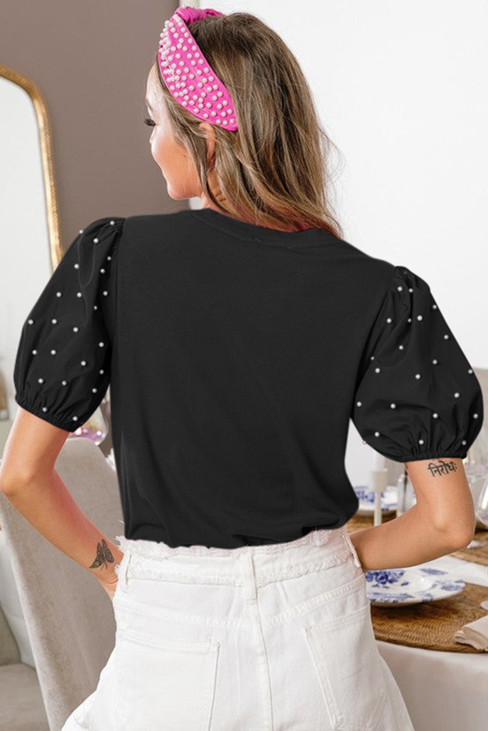 Ribbed Pearl Beaded Puff Sleeve Top | S–XL | Black, Bright Pink & Bright Green