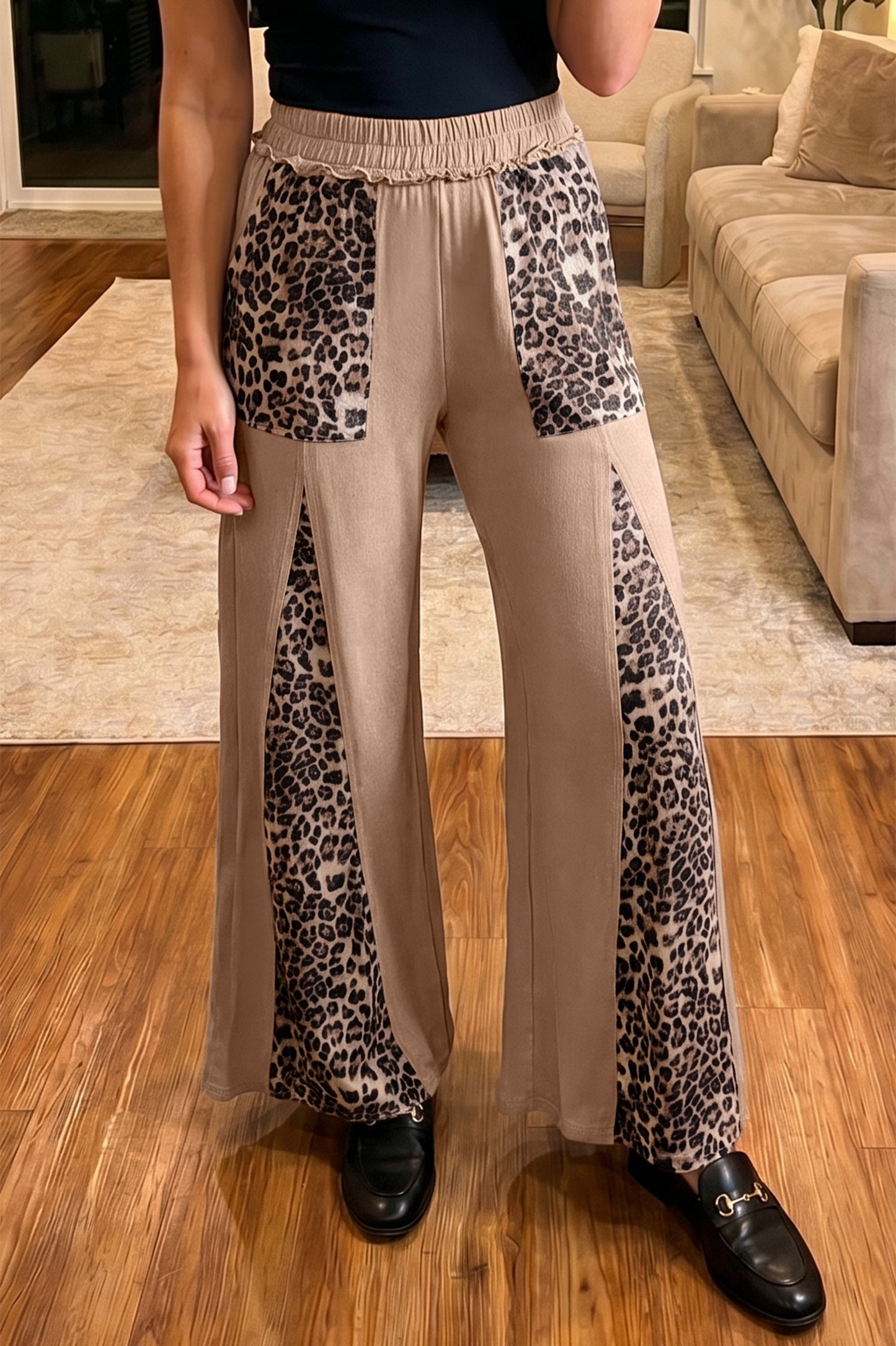 Mineral Wash Leopard Patchwork High Waist Wide Leg Pants in Tan
