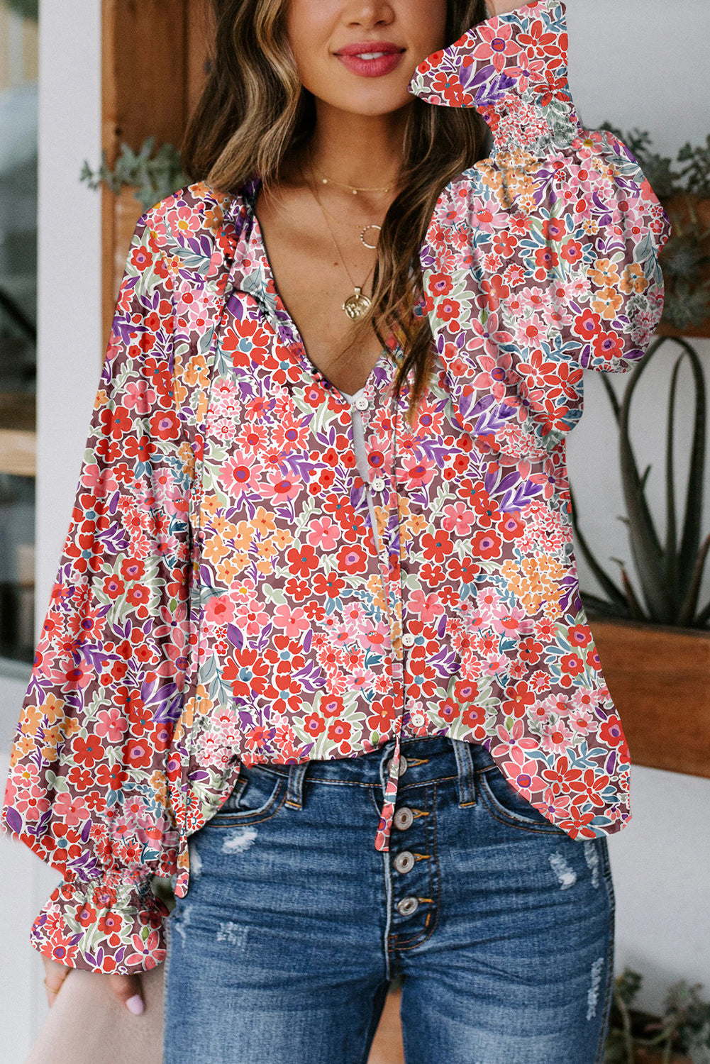 Floral Smocked Sleeve Ruffle Neck Blouse.  S-2x