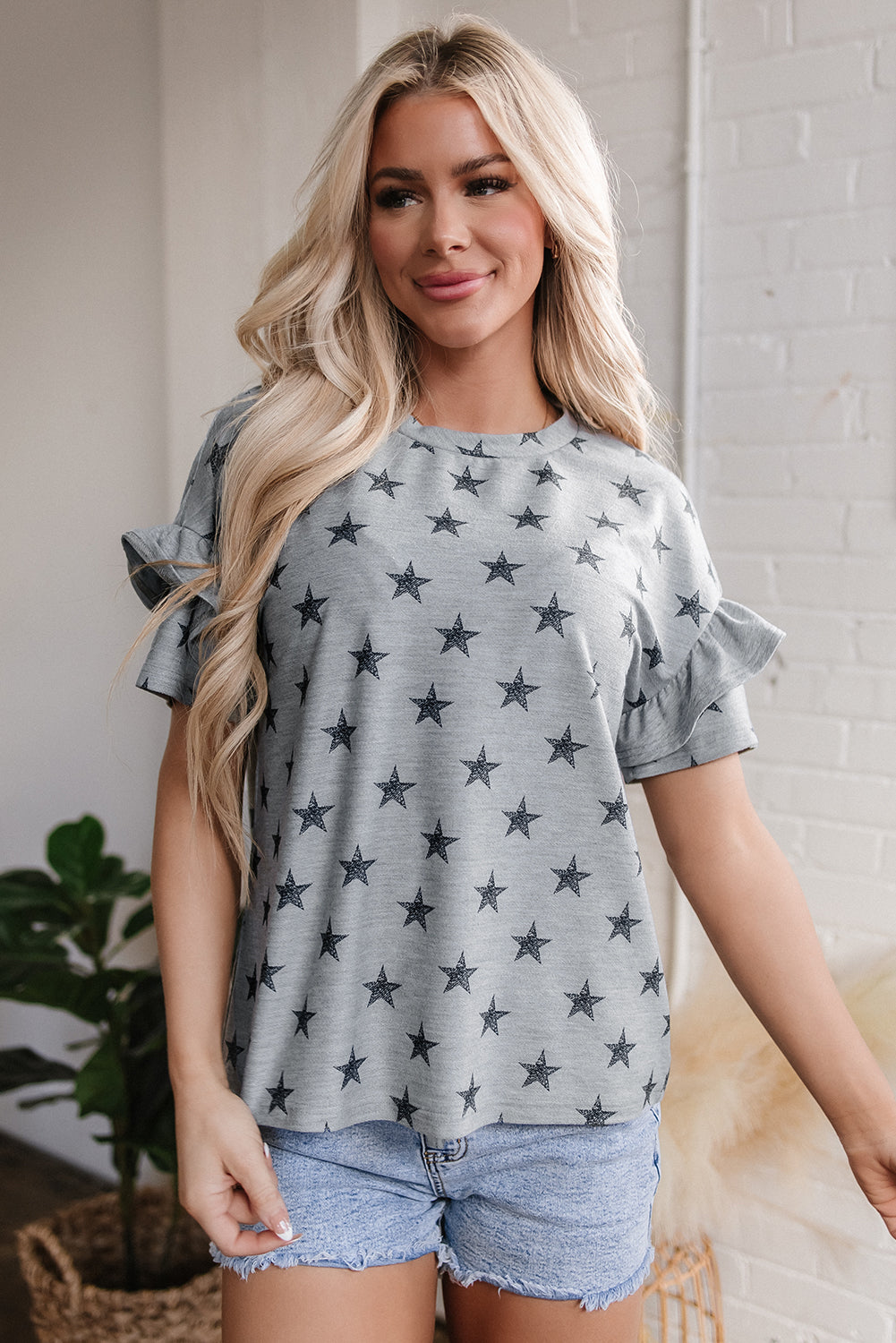 Star Print Tiered Ruffled Sleeve Crew Neck Top – Women's Whimsical Casual Tee (S–XL)