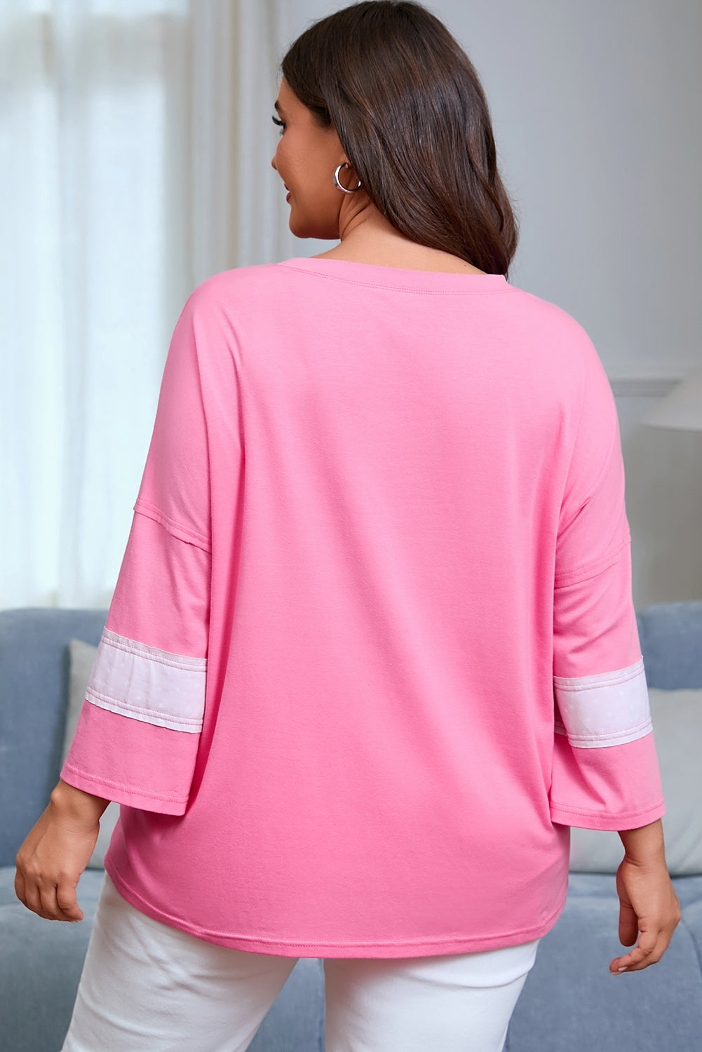 Star Patch Colorblock Raw Edge Loose Tee | Plus Size | Pink | 1X–4X