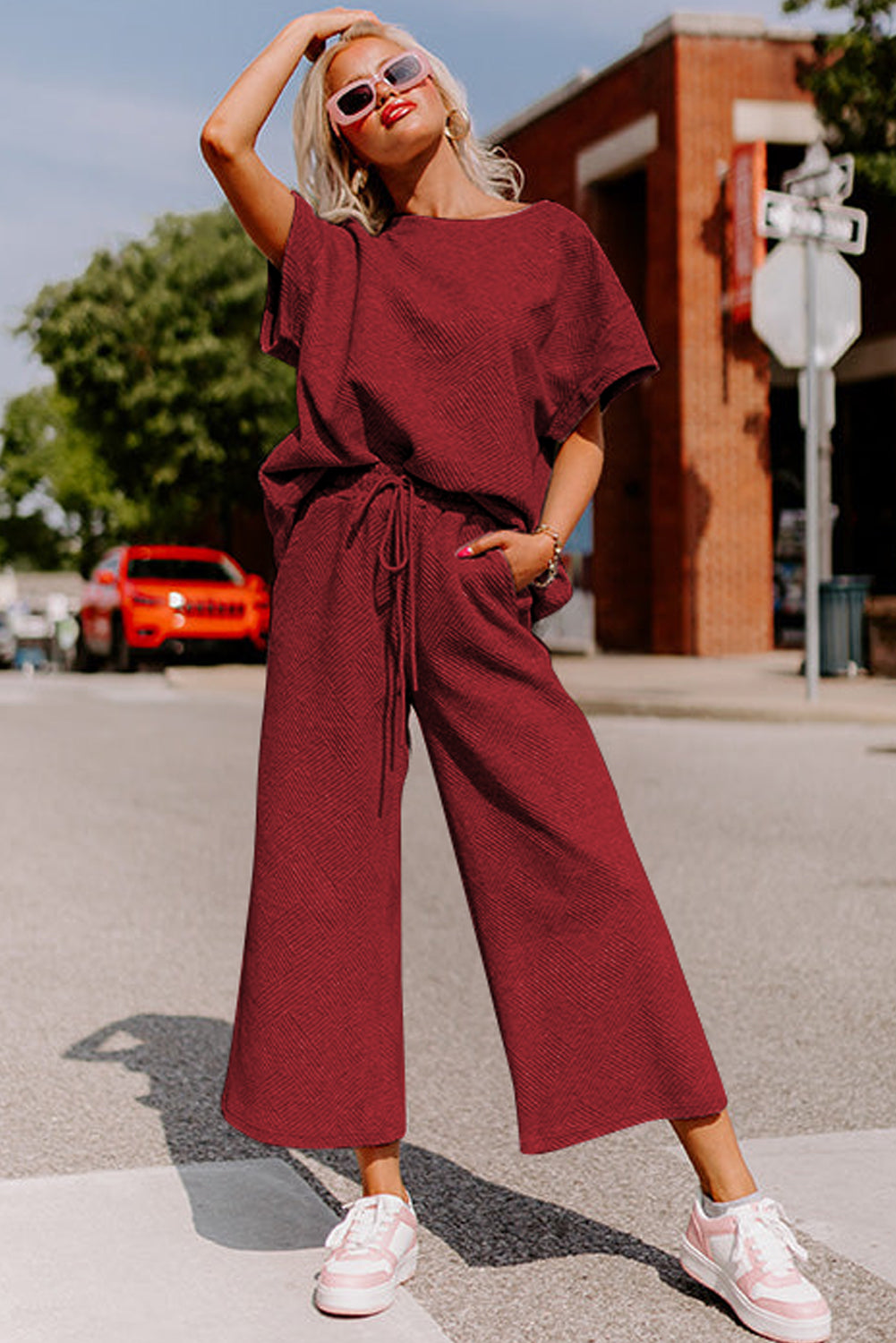 Red Matching Set Loose Tee Drawstring Pants Women S–2XL