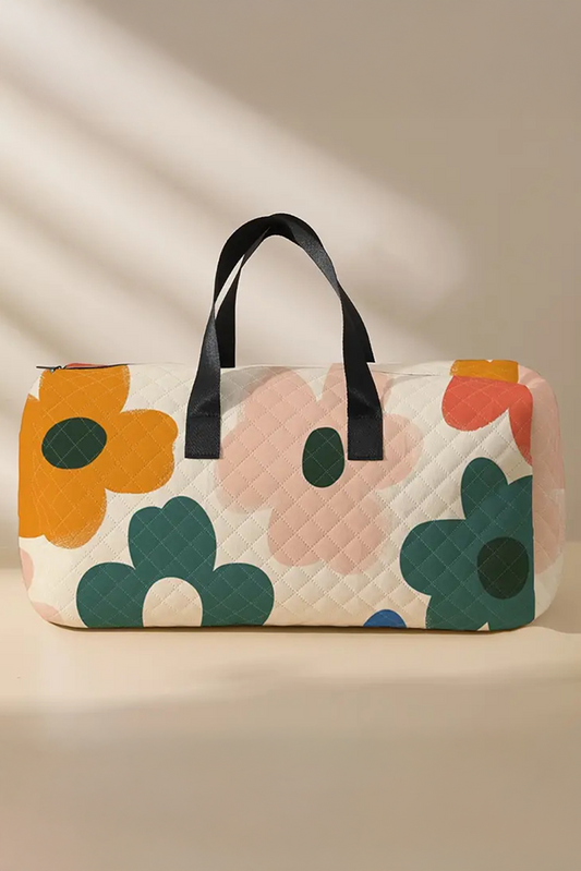 Flower Print Quilted Large Duffel Bag | White