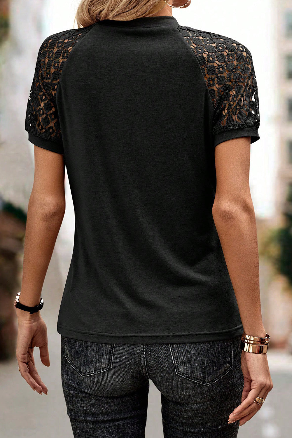 Contrast Lace Raglan Sleeve Seamed Detail Top | S–2XL | 5 Colours