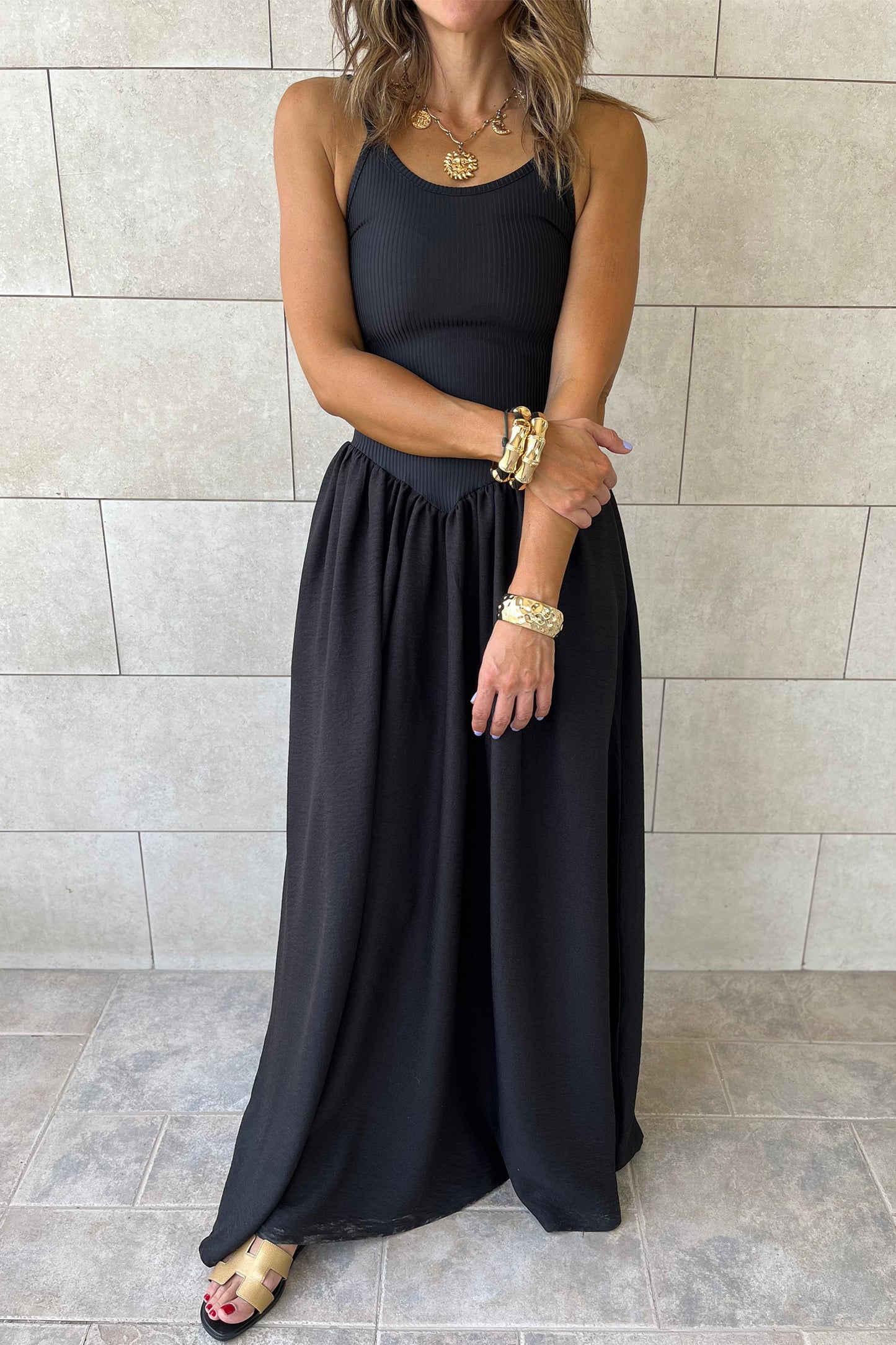 Black Ribbed Spaghetti Strap Maxi Dress Women S–XL