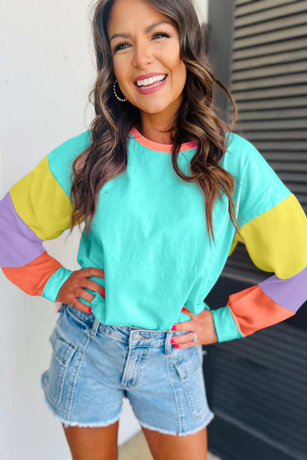 Colorblock Patchwork Long Sleeve Loose Top | Light Blue