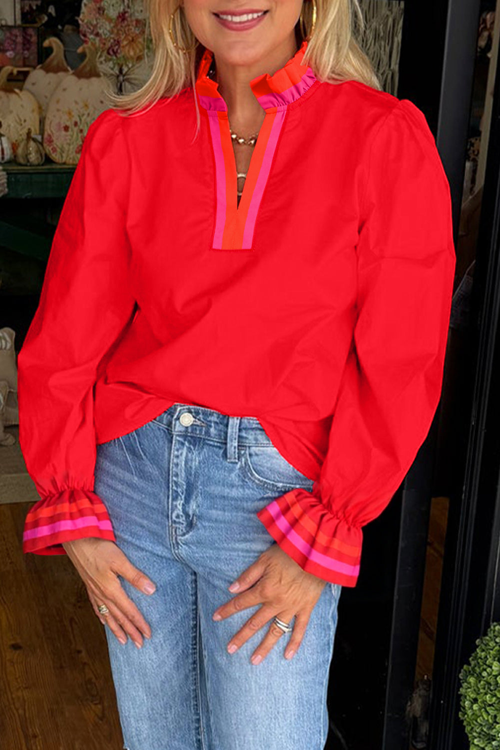 Striped Trim Ruffle Split Neck Long Sleeve Blouse | Red
