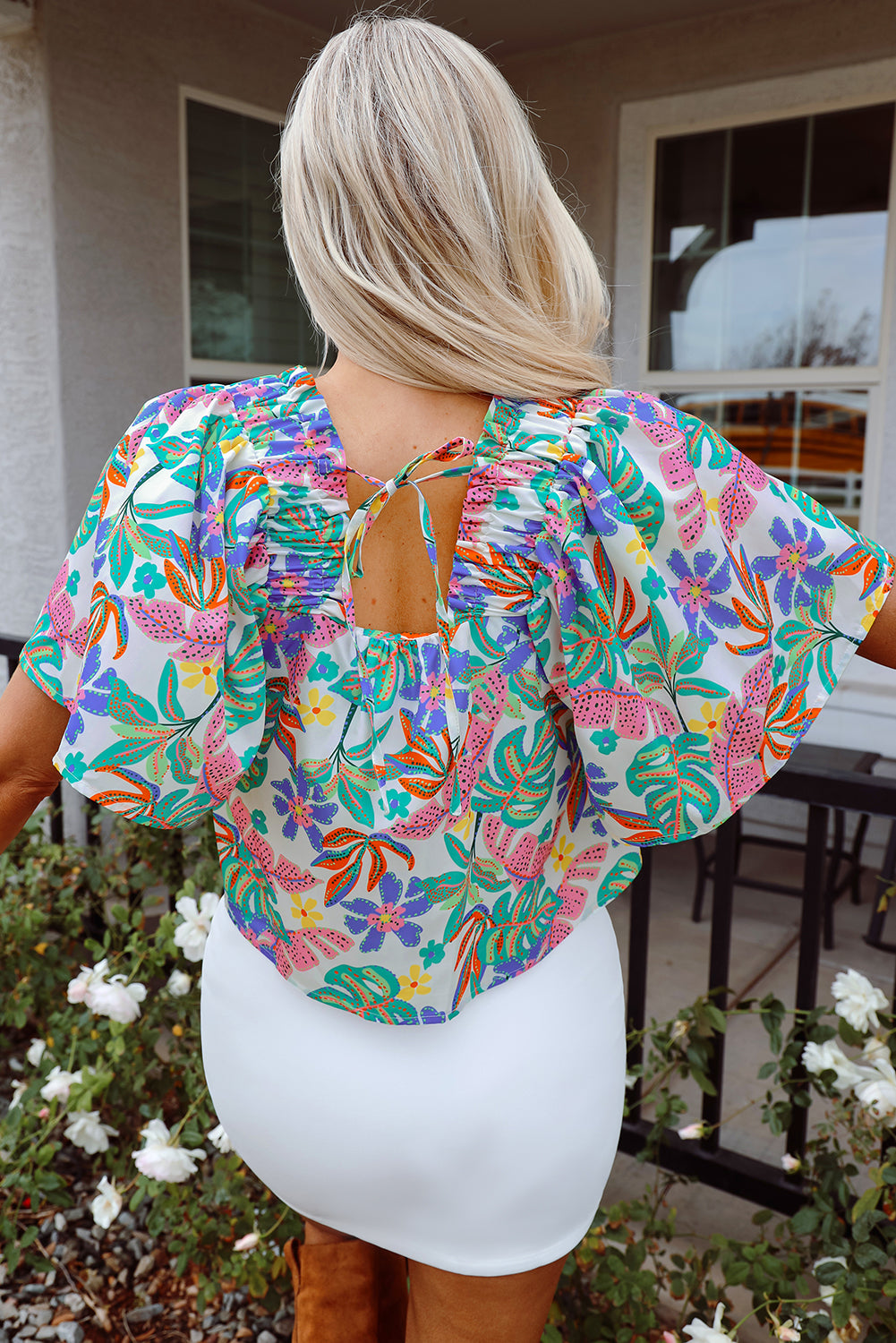 Green Plant Print Puff Sleeve Square Neck Loose Blouse – Women's Whimsical Casual Top (S–XL)