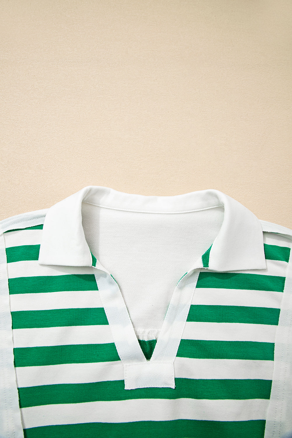 Green Stripe Colorblock Collared V-Neck Cropped Knit Pullover