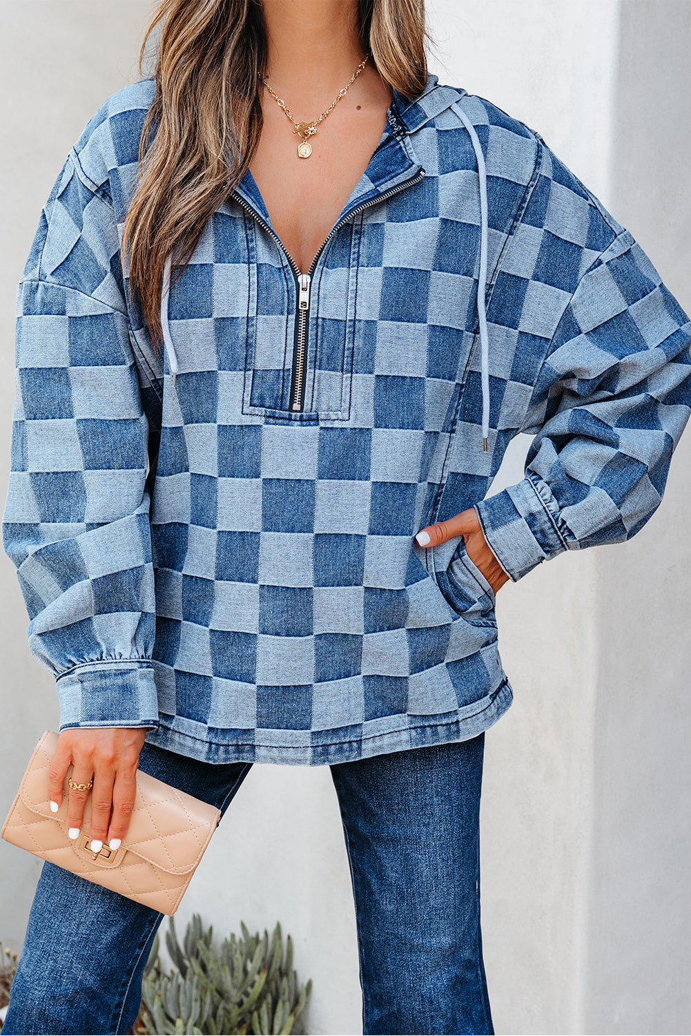 Checkerboard Zip Neck Kangaroo Pocket Denim Hoodie