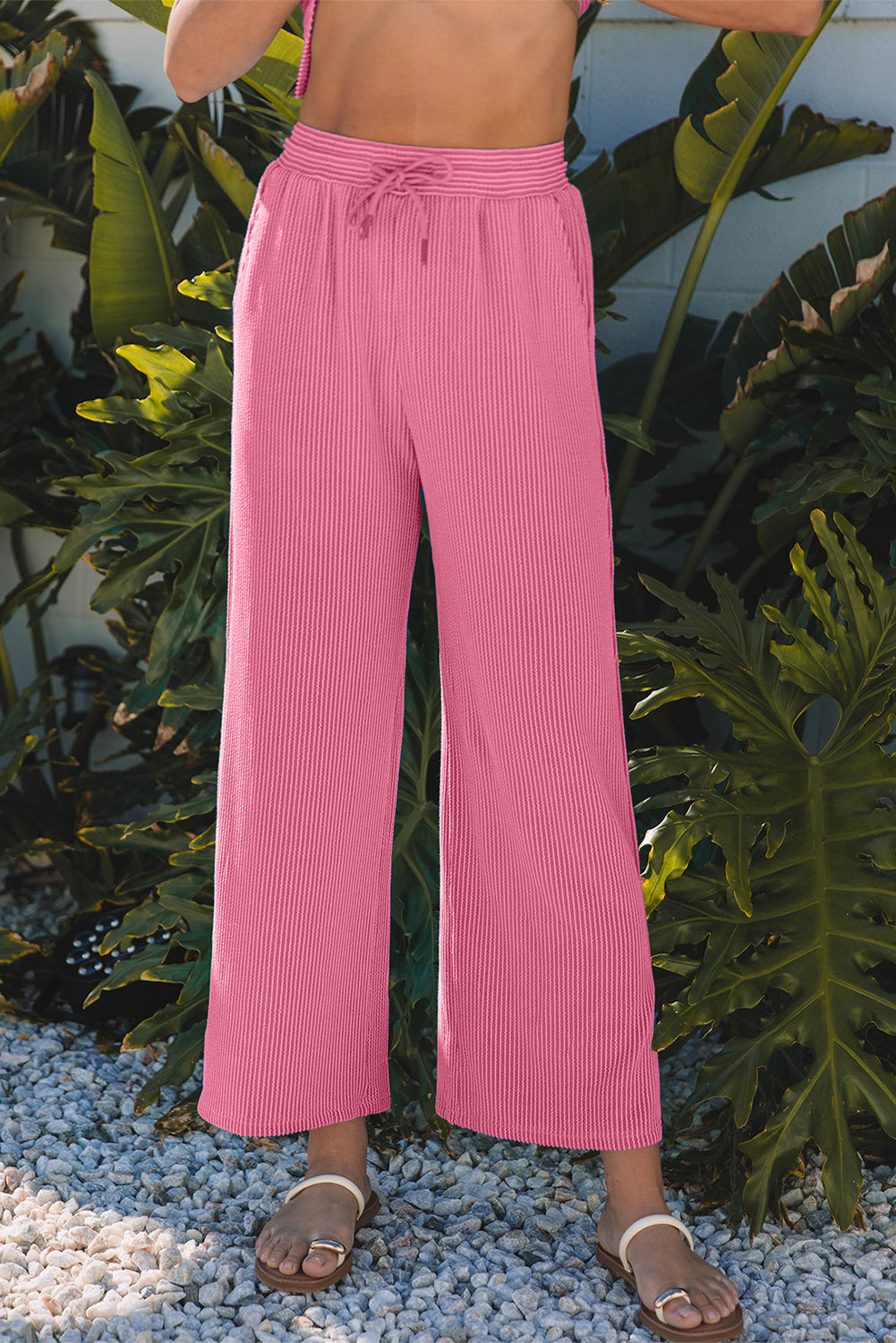 Corded Knit Short-Sleeve Tee & Wide-Leg Pants Set | Bright Pink