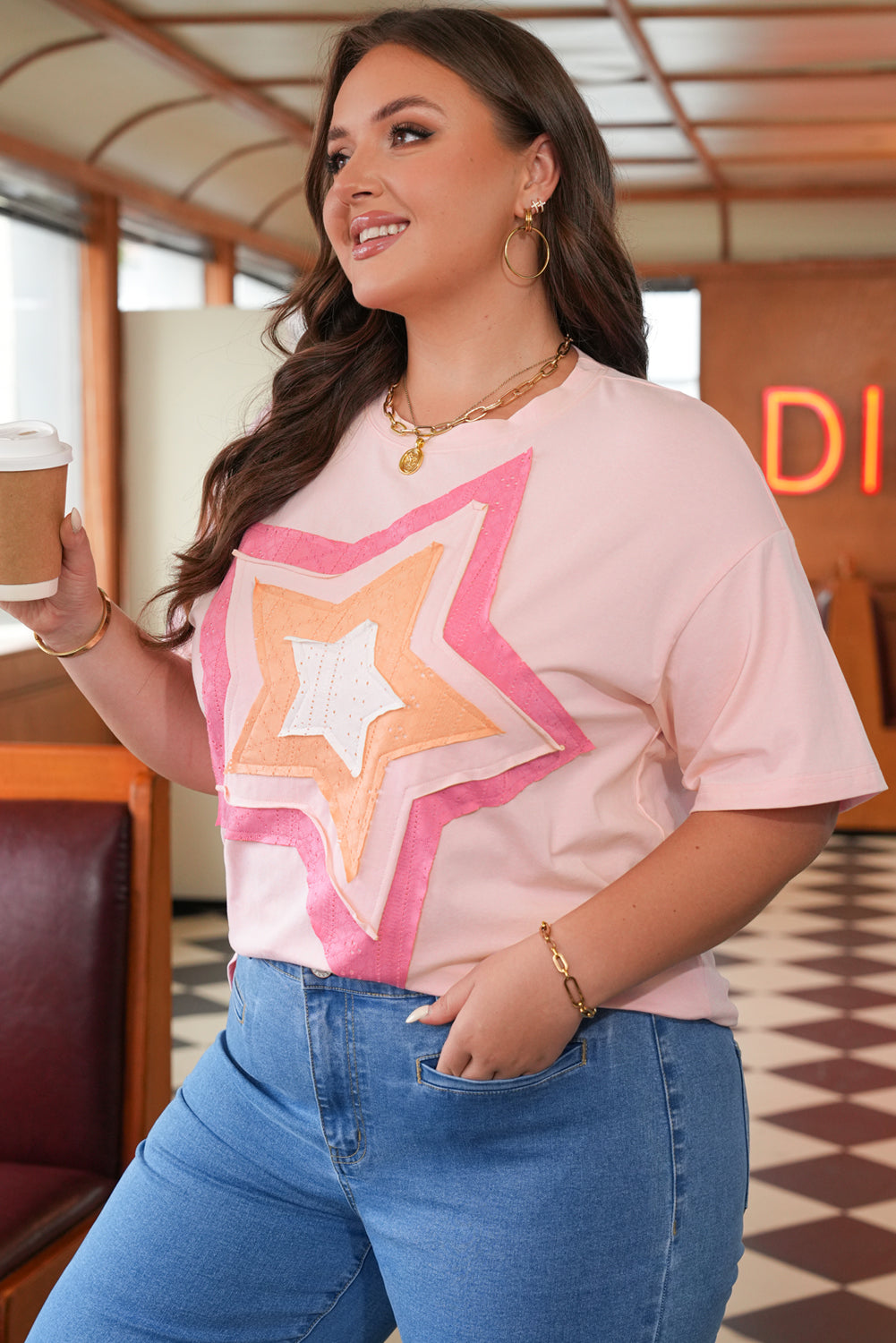 Eyelet Lace Star Applique Oversized Tee | Plus Size | Light Pink | 1X–4X