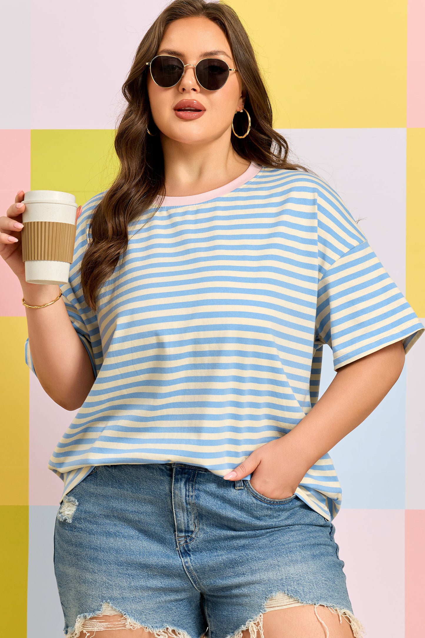 Plus Size Blue Stripe Drop Shoulder Tee Women 1X–4X