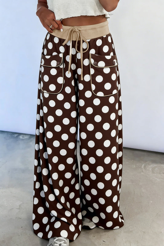 Brown Polka Dot Wide-Leg Pants with Pockets S to XL
