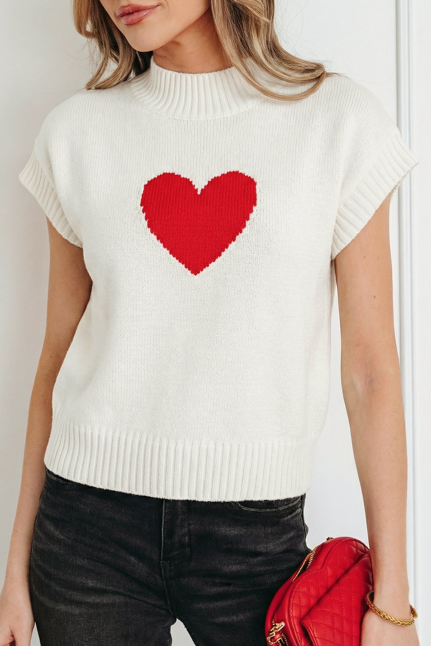 Heart Graphic Cropped Short Sleeve Sweater