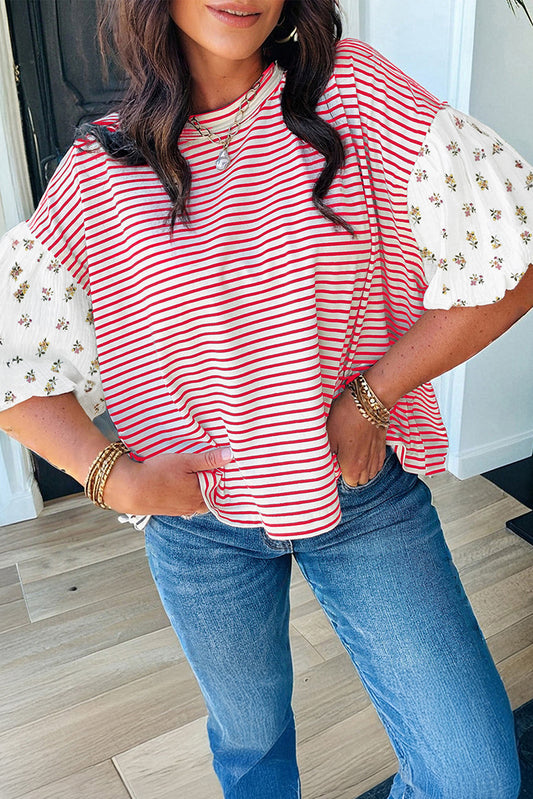 Striped Floral Puff Sleeve Top Women S–XL