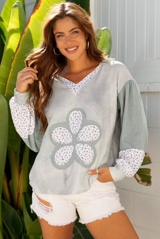 Floral Patch Waffle Texture Colorblock V-Neck Hoodie Top