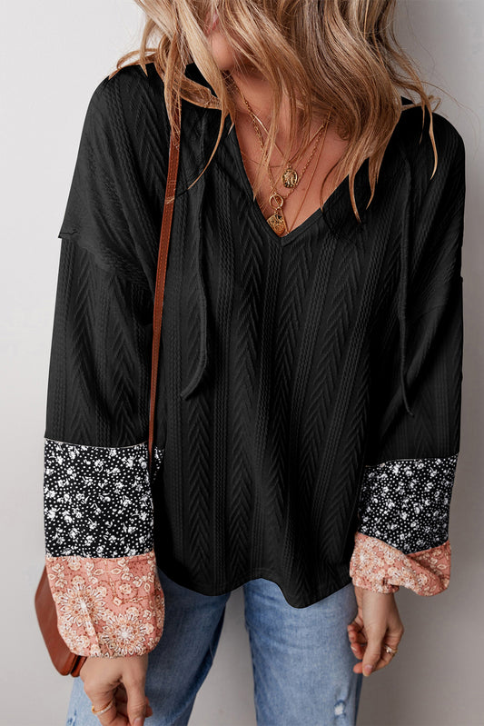 Floral Patchwork Textured Knit Drawstring V-Neck Blouse