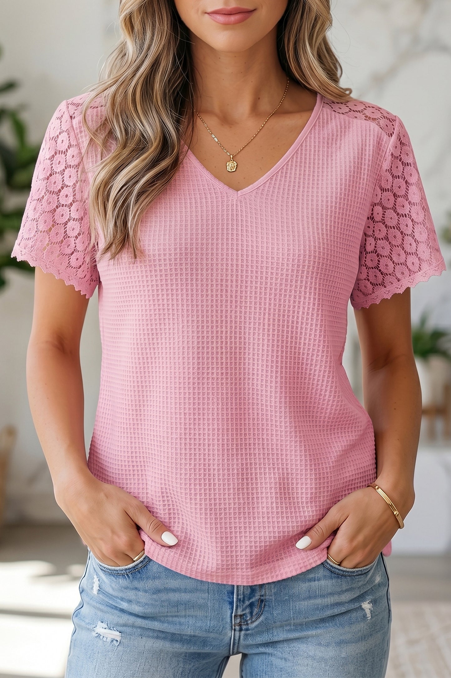 Womens Lace Trim Waffle Knit V Neck Top S–XL