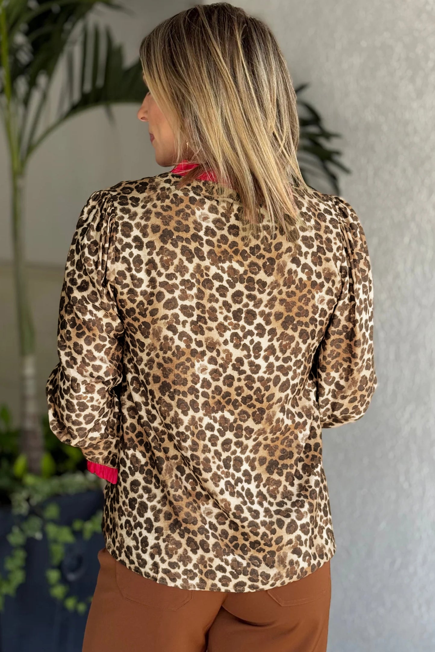 Leopard Ruffle Trim V-Neck Shirt in Brown