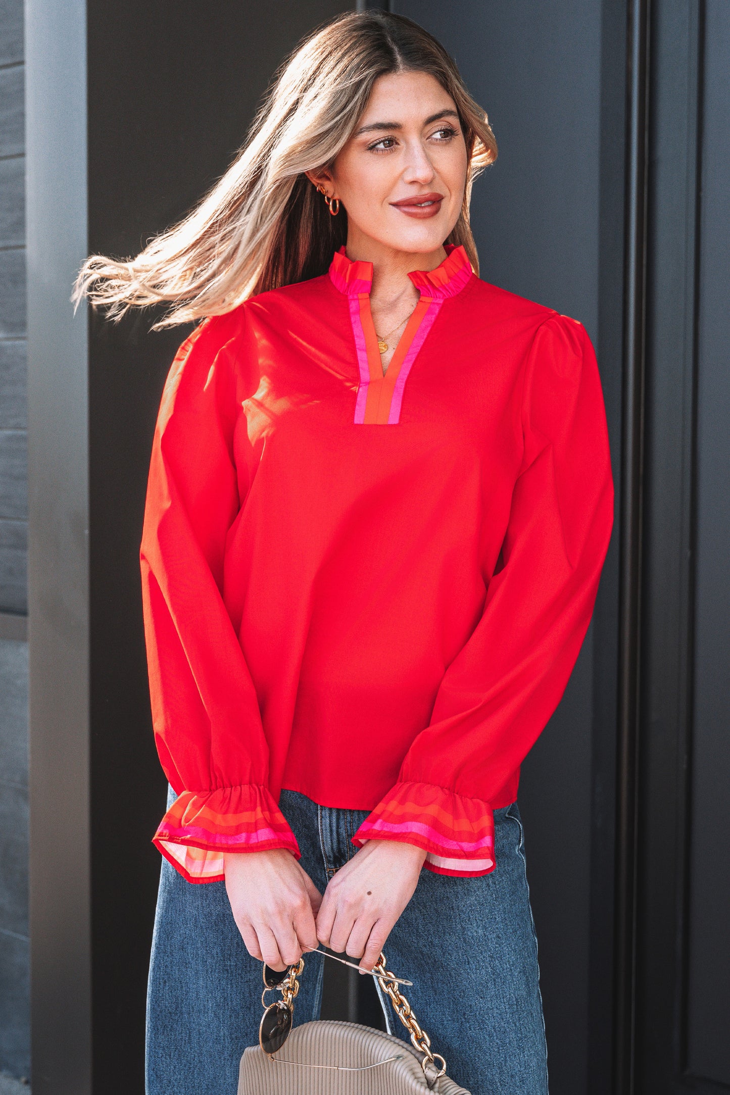 Striped Trim Ruffle Split Neck Long Sleeve Blouse | Red