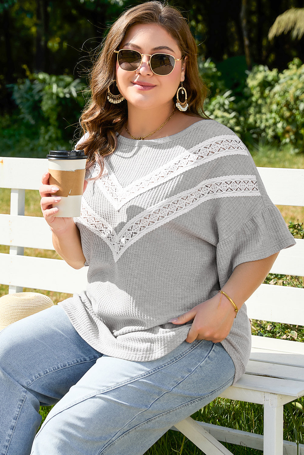 Plus Size Light Grey Waffle Knit Ruffle Top Women 1X–4X
