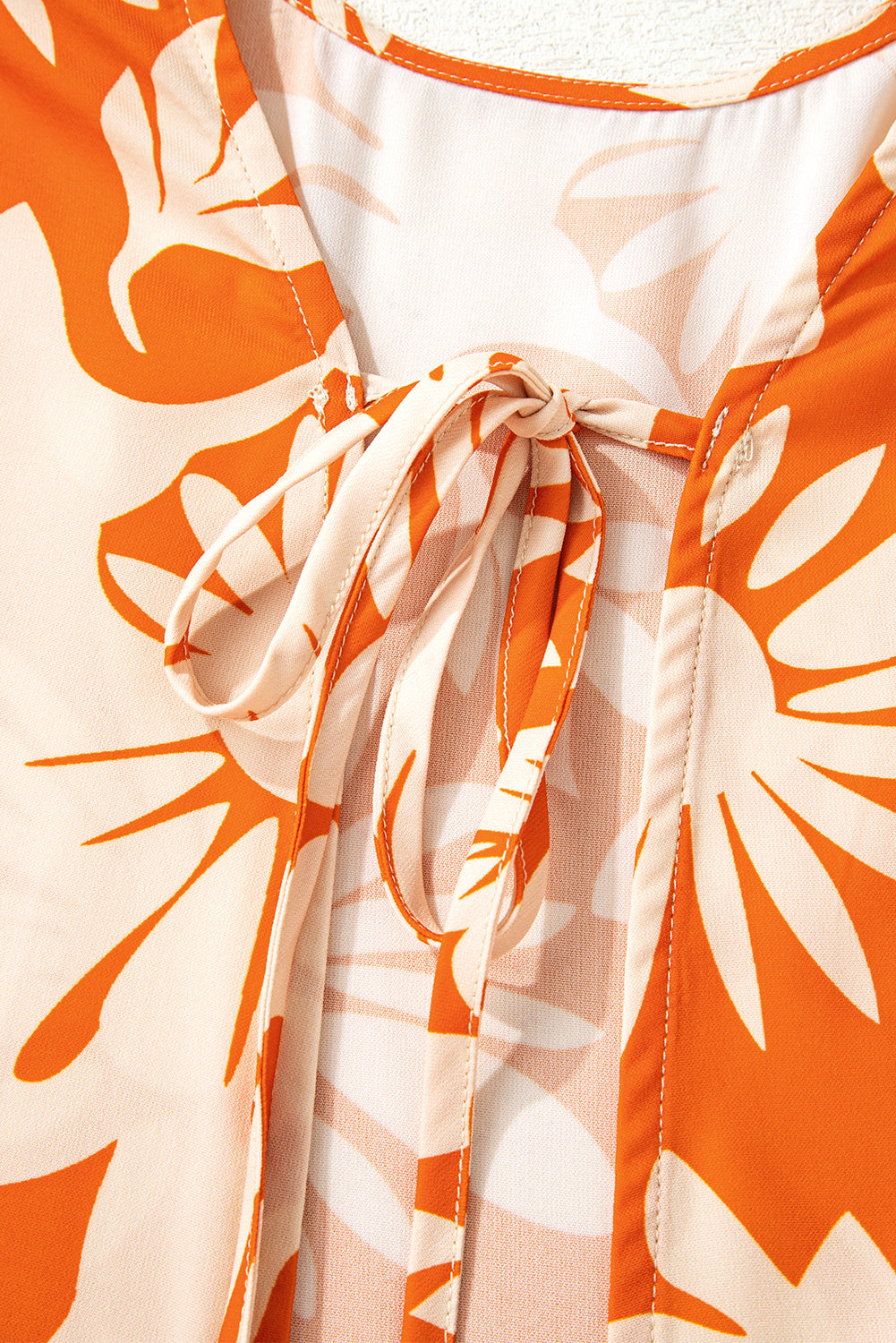 Orange Floral Print Knotted Open Back Self-Tie Long Sleeve Blouse