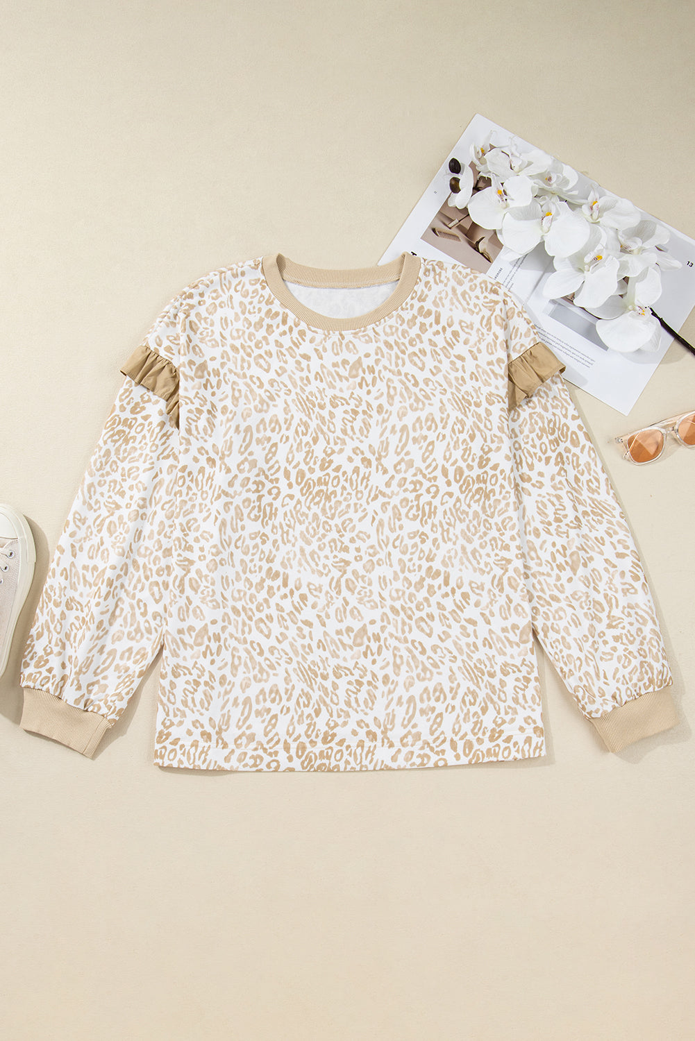 Leopard Print Ruffle Sleeve Ribbed Long Sleeve Top | Plus Size | Khaki | 1X–4X