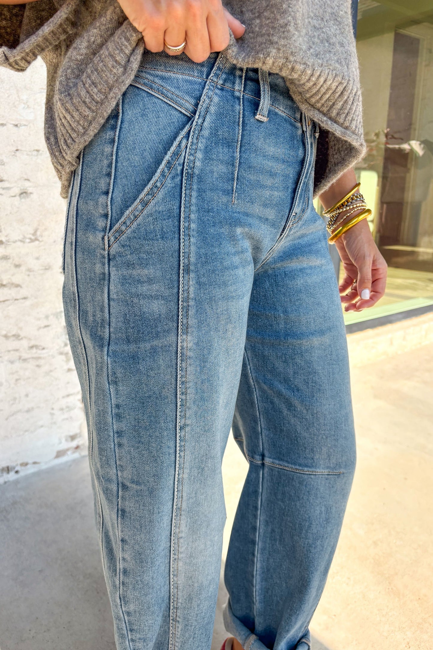 Sky Blue Medium Wash Cuffed Barrel Jeans | US 4–16