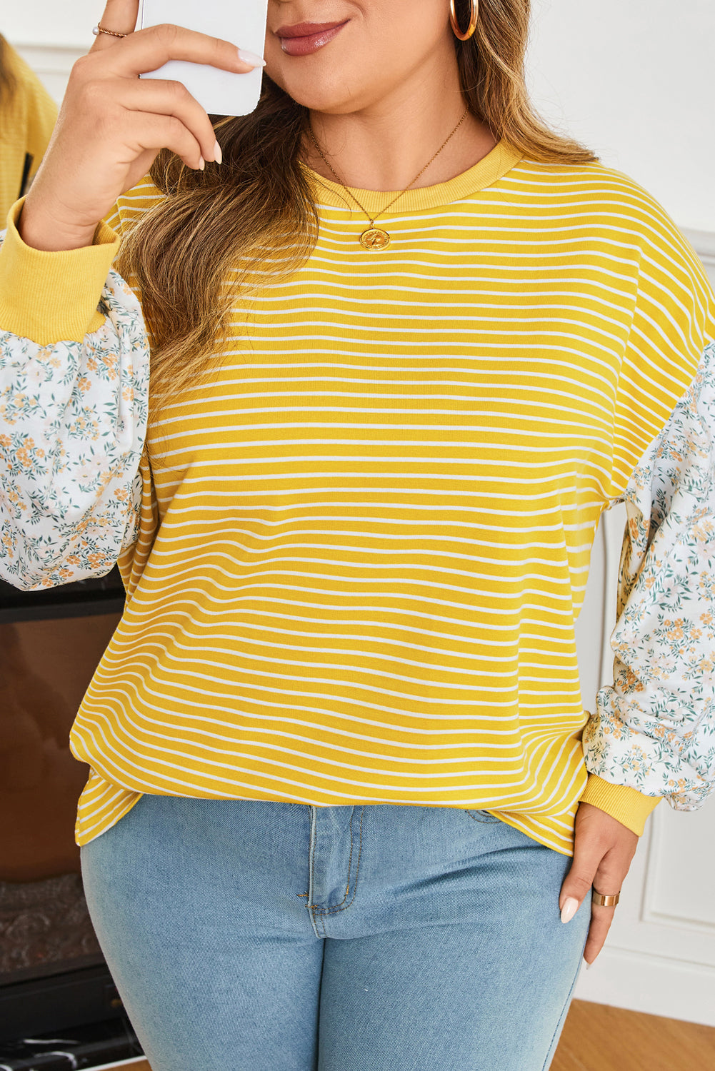 Striped Contrast Floral Sleeve Patchwork Top | Plus Size | Yellow Stripe | 1X–4X