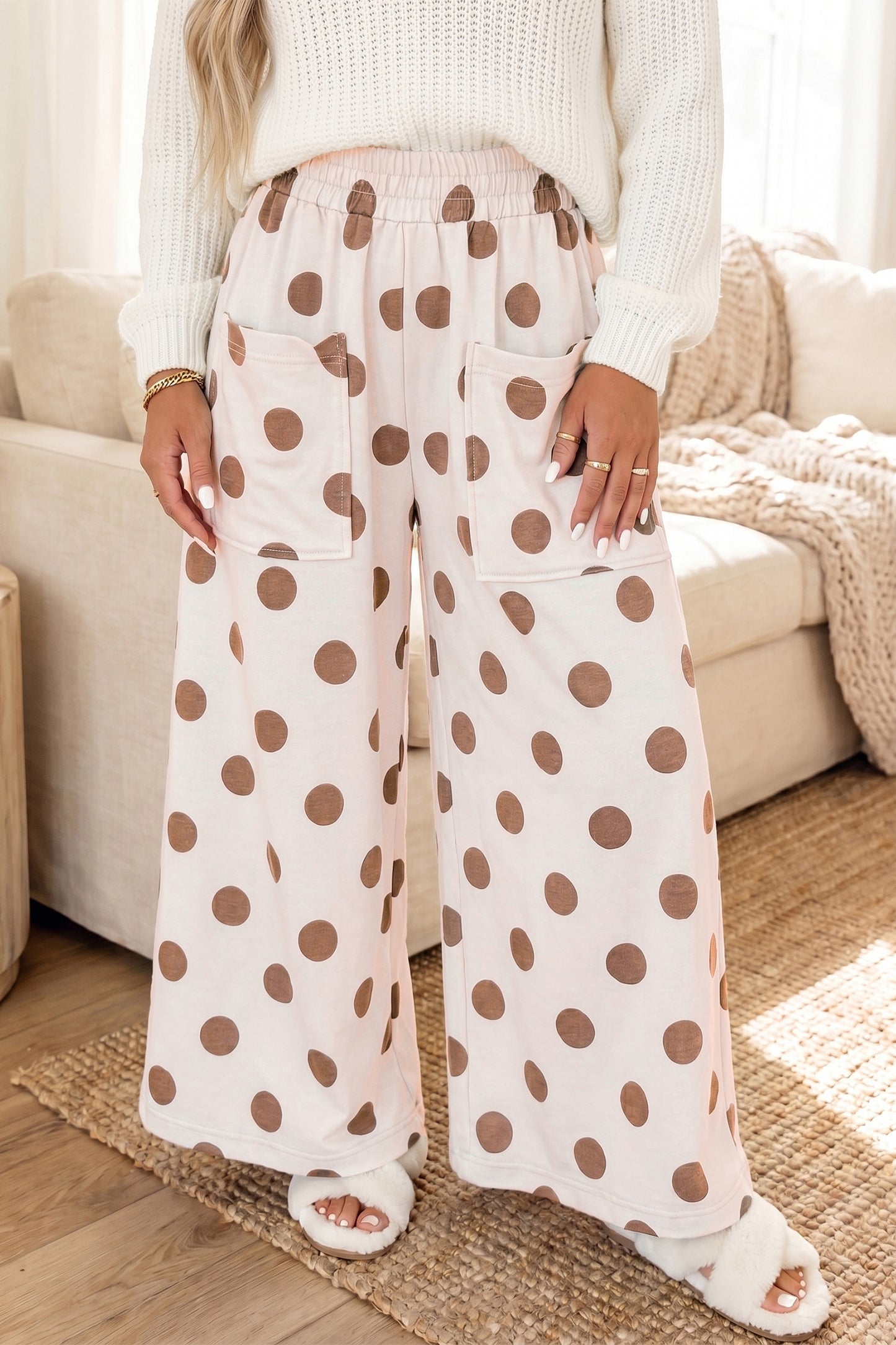 Women's Polka Dot Wide Leg Elastic Waist Pants S to XL