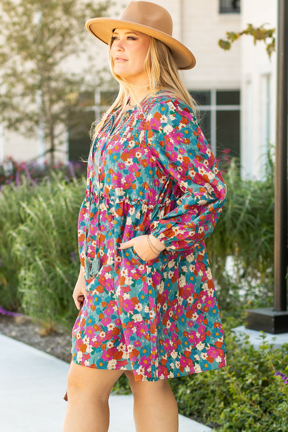 Multicolour Floral Print Shirred Ruffle Tiered Plus Size Mini Dress