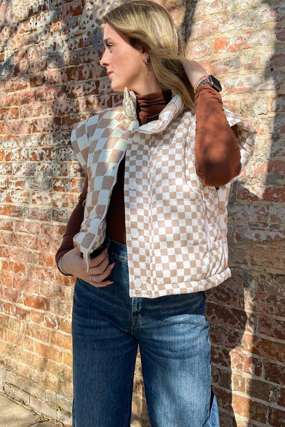Khaki Contrast Plaid Quilted Mock Neck Zip-Up Vest