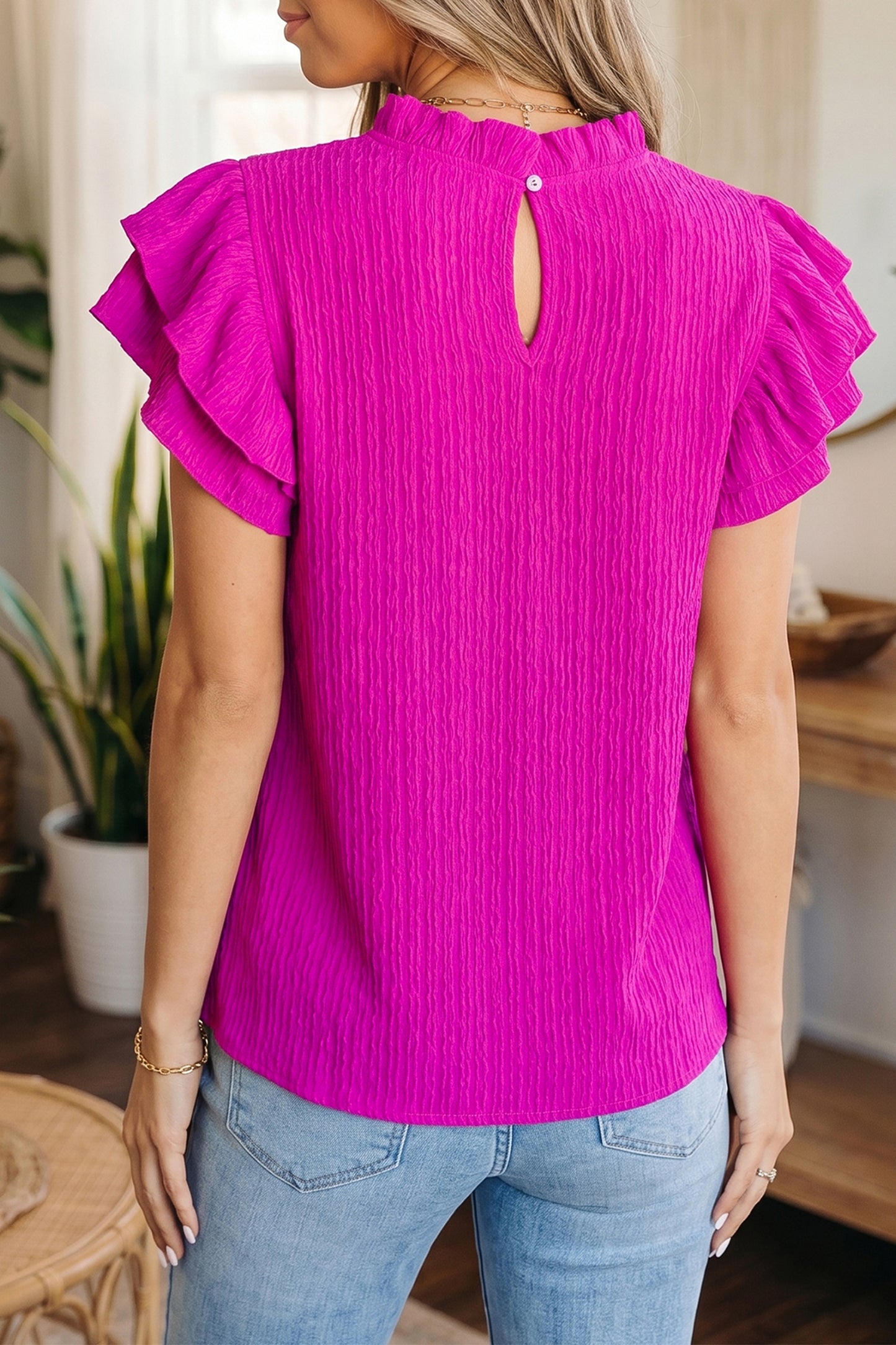 Womens Ruffle Trim Textured Blouse S–XL