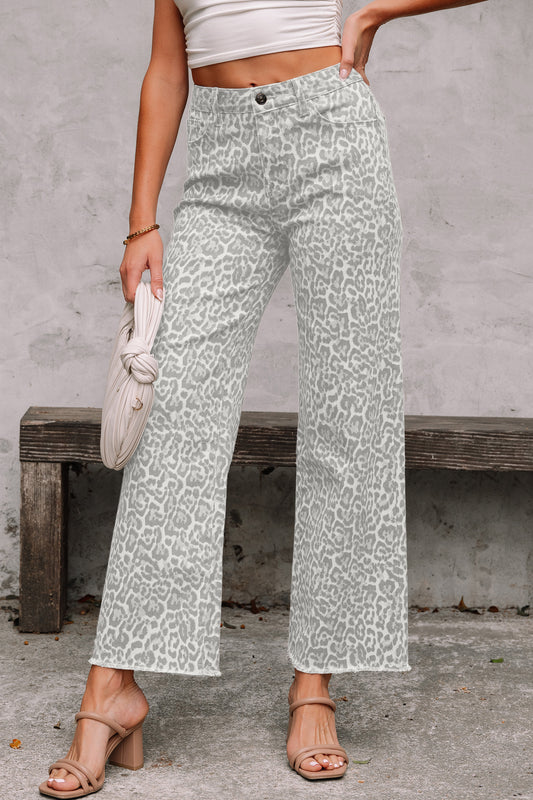 Leopard Print Wide-Leg High-Waist Jeans with Frayed Hem | Grey, Dark Grey & Brown