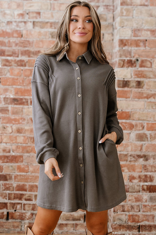 Taupe Waffle Knit Shirt Tunic Dress