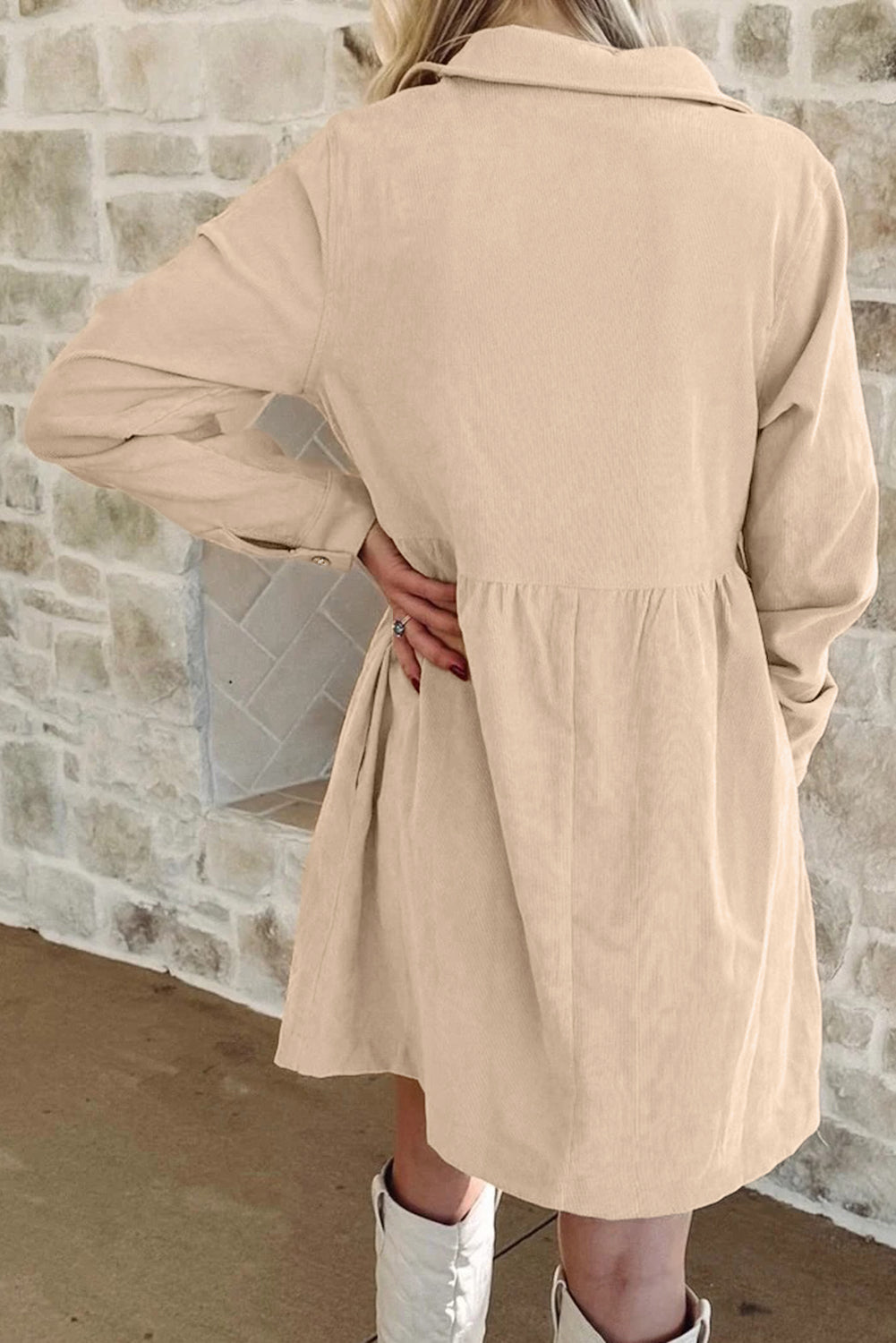 Corduroy Half Button Collared Mini Dress in Oatmeal