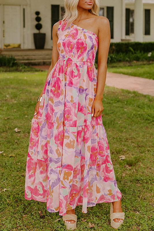 Abstract Floral Shirred One Shoulder Maxi Dress | Pink | S–XL